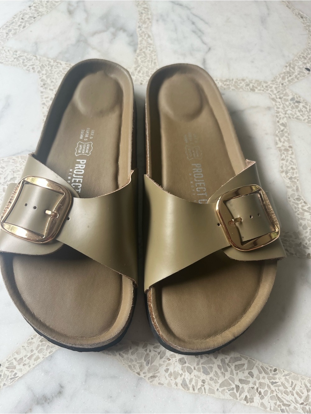 PROJECT CLOUD Olive Slide Sandals with Gold Buckle 7.5